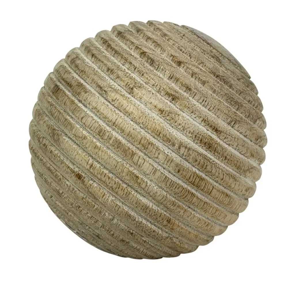 Set of 6 Ribbed Wooden Decorative Orbs Natural 4 Inch Striped Bowl Fillers